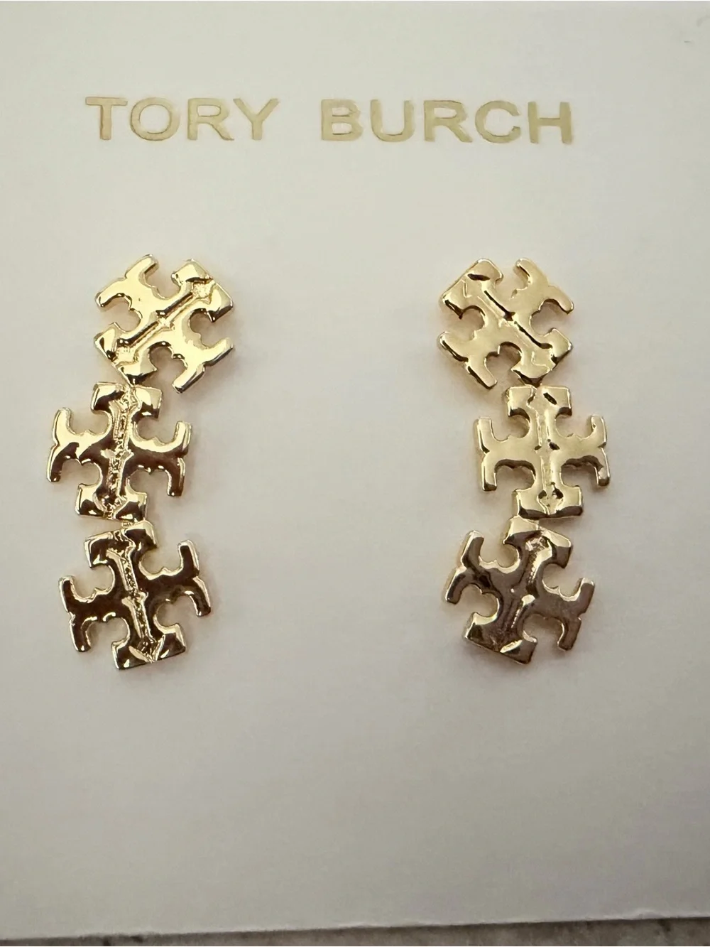 Tory Burch Gold Stacked Logo Drop Earrings